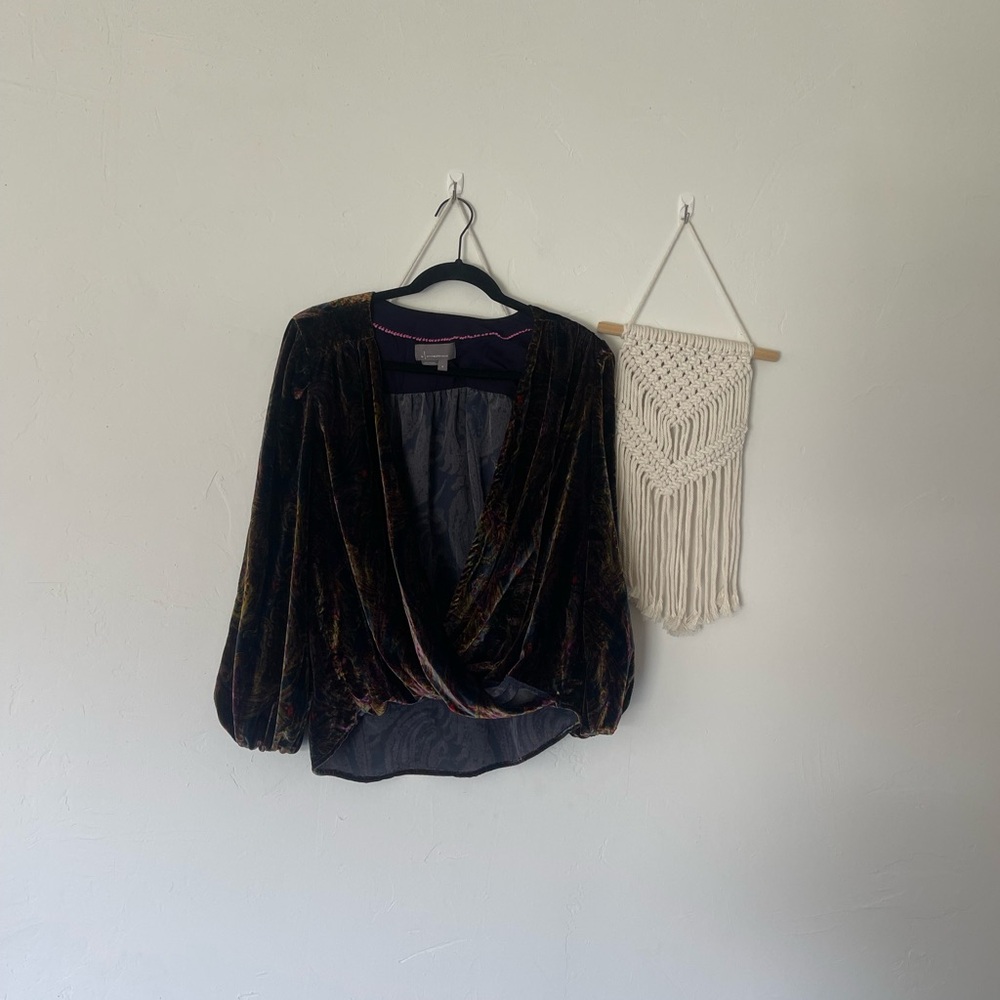 Anthropologie Velvet Wrap Top Paisley Print - Picture 2 of 8